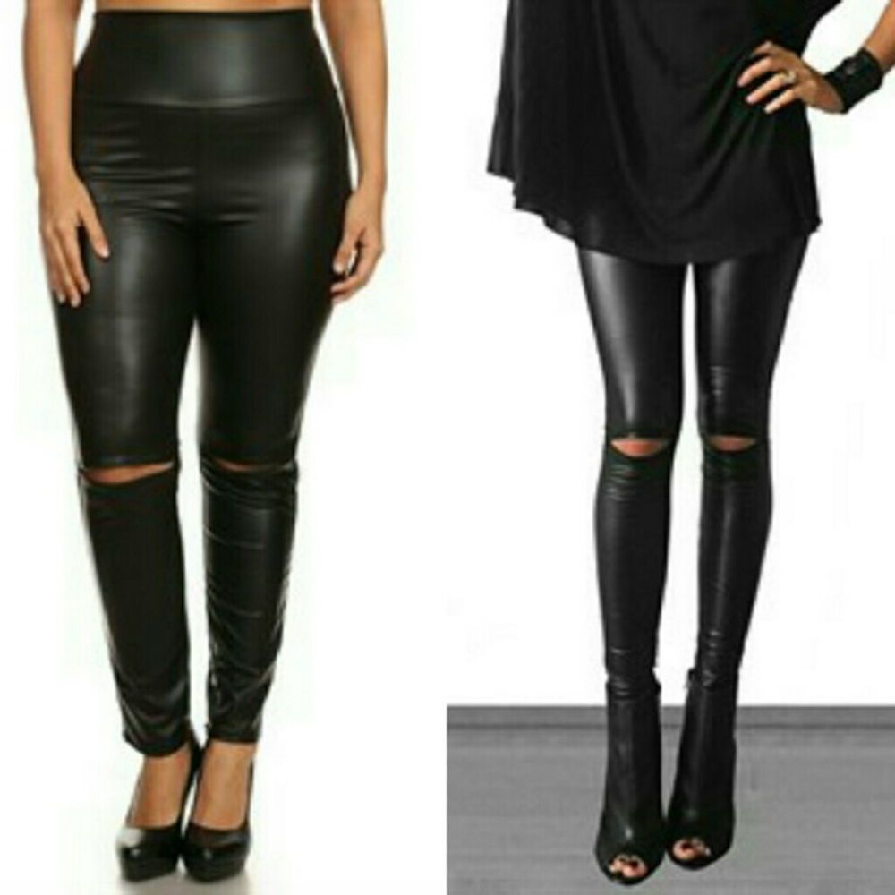 Slashed leggings plus size, leather leggings black
